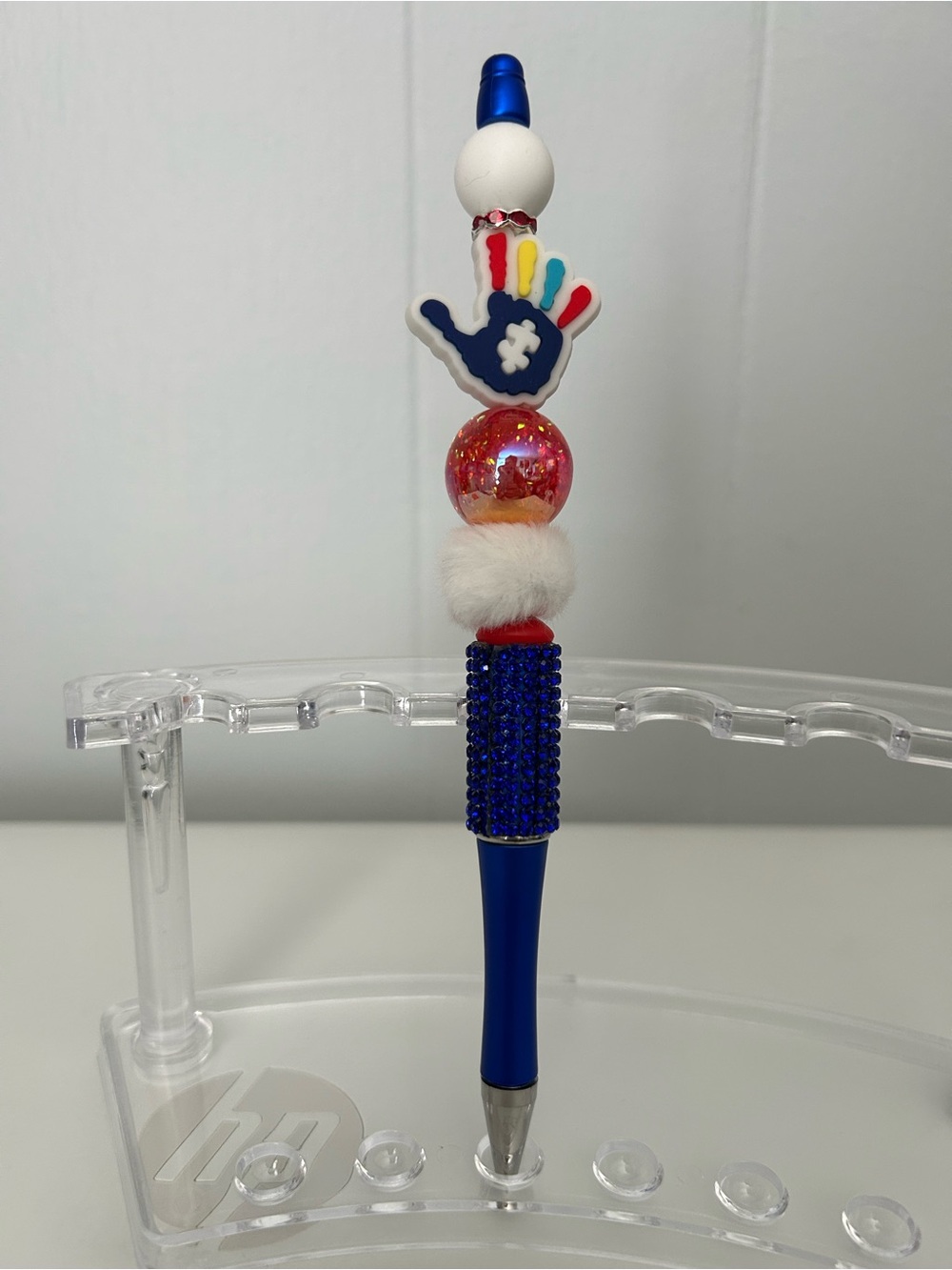New Blue Beaded Autism Awareness Pen with Colorful Hand Charm